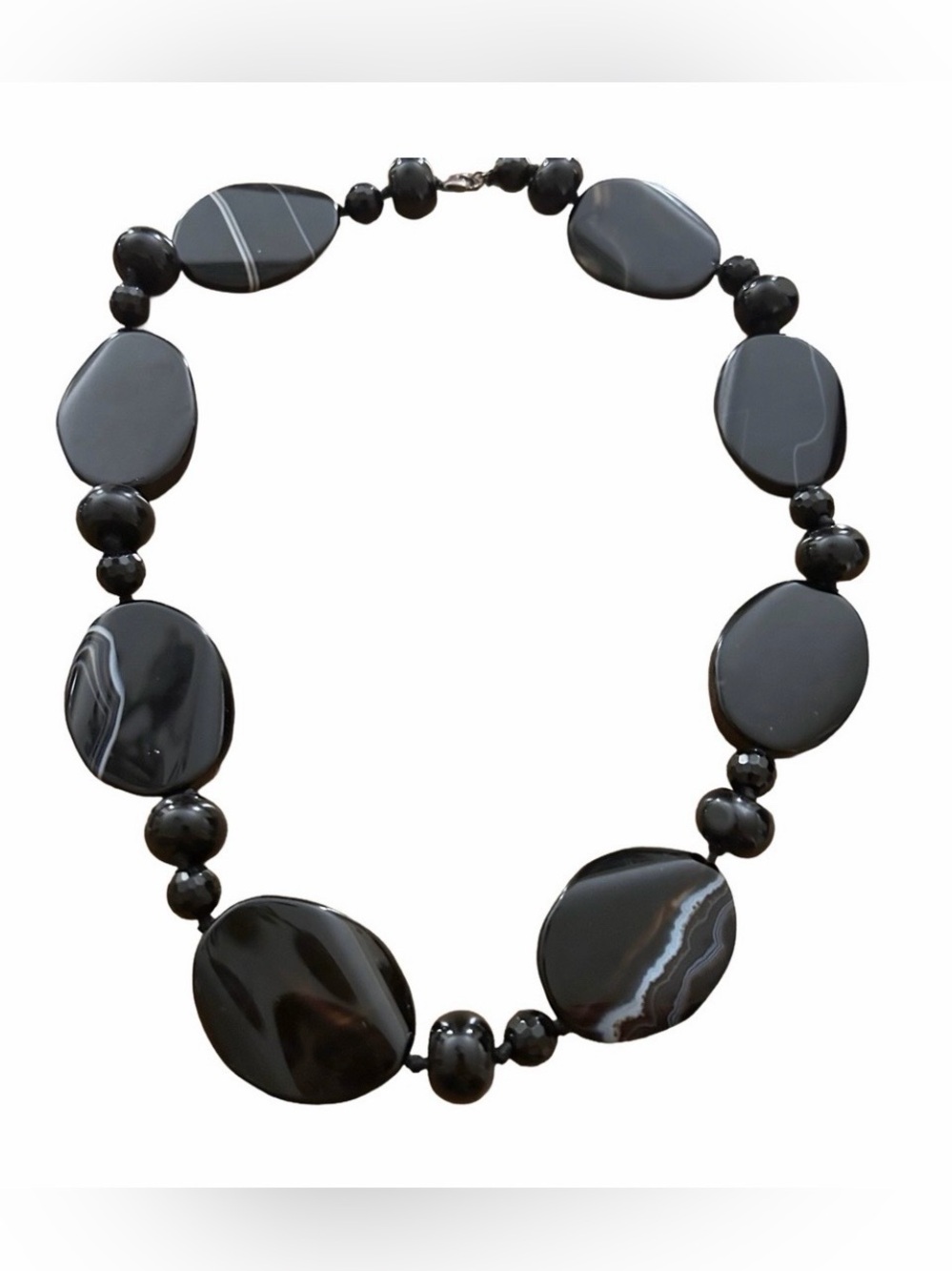 20”  Black Opaque Natural Stone Nexklace With White Veins Flat And Round Stones